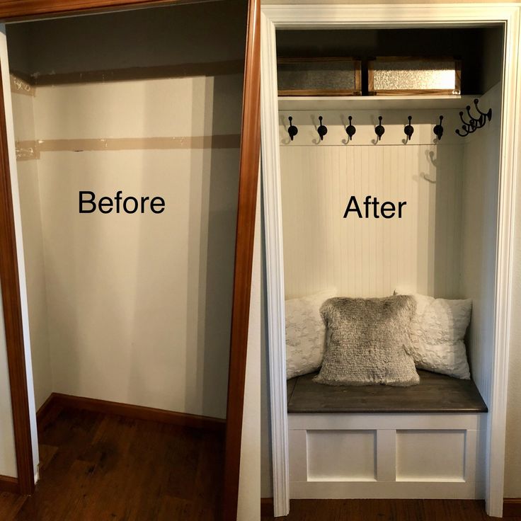 before and after photos of a mudroom closet with bench, coat rack, and window seat