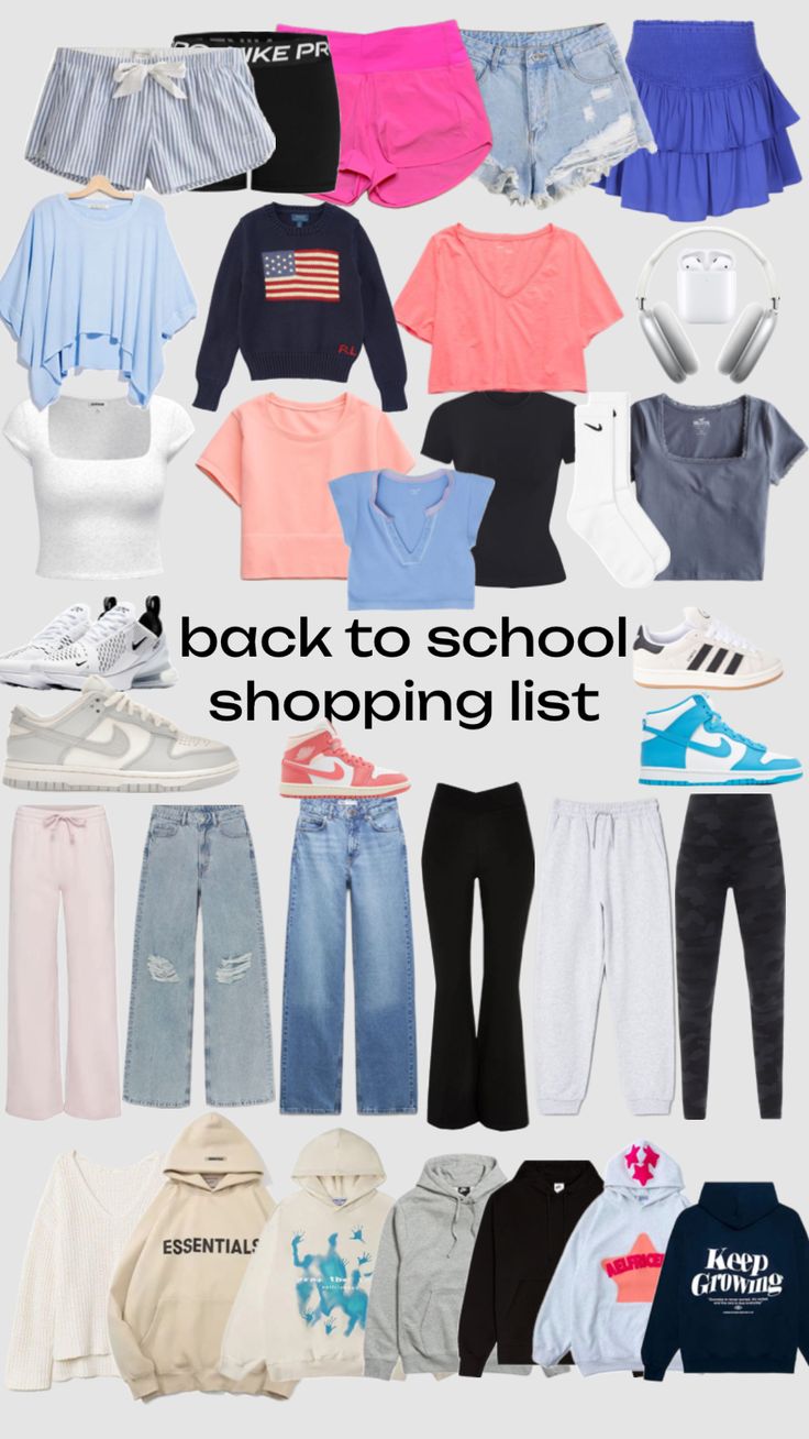 the back to school shopping list is full of clothes, shoes and clothing for girls