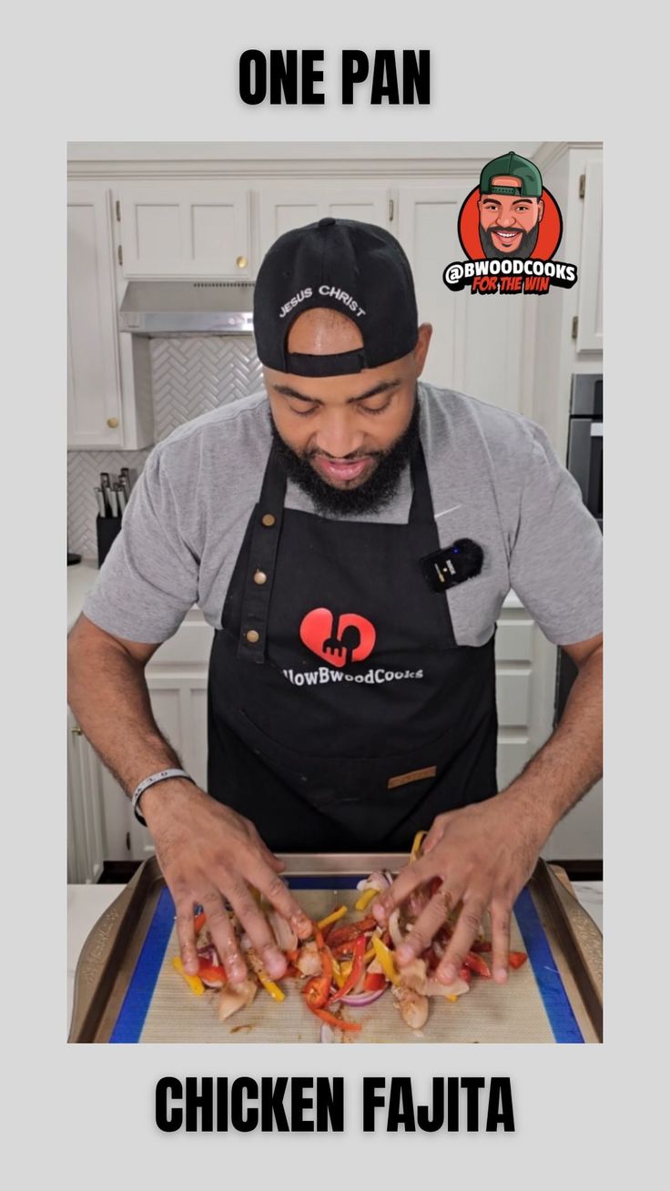 a man in an apron preparing food on top of a cutting board with the caption chicken fajita