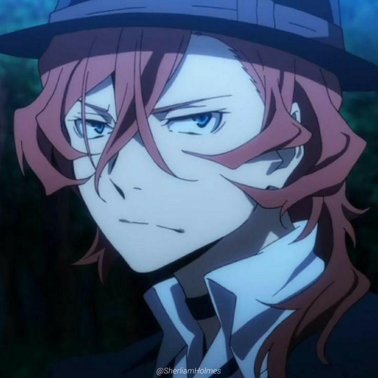 an anime character with long red hair wearing a fedora and looking at the camera