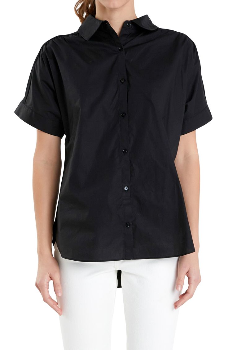 A jersey back panel adds a contrasting texture to a button-front top that's a casual yet sophisticated closet staple. Front button closure Spread collar Short sleeves 100% cotton with 68% rayon, 27% nylon, 5% spandex contrast Hand wash, dry flat Imported Solid Tops With Placket For Workwear, Cotton Button-up Top With Hidden Closure, Business Casual Button-up Tops With Hidden Closure, Black Tops With Buttons And Shirttail Hem, Black Button Closure Tops For Work, Black Collared Tops With Hidden Button Closure, Black Cotton Office Blouse, Chic Cotton Tops For Business Casual, Solid Tops With Hidden Button Closure For Business Casual