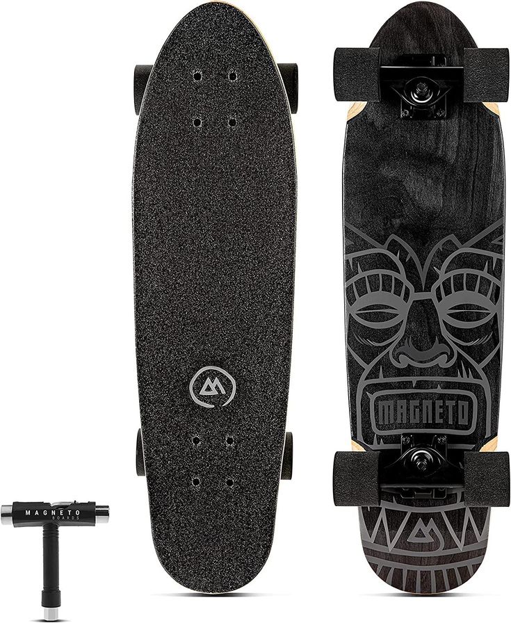 the skateboard is black and has a skull on it