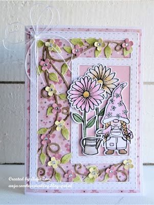 a card with flowers and a girl holding a watering can