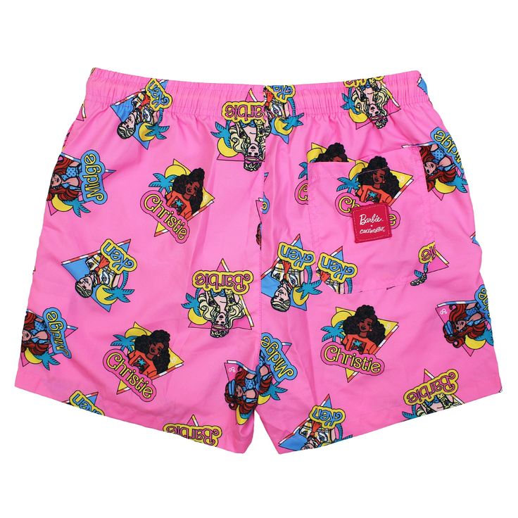 Make a splash and capture the essence of California cool with our Barbie™ California Dream Swim Shorts. Perfect for beach days, pool parties, or any sun-soaked adventure, these swim shorts offer a blend of comfort, functionality, and unmistakable Barbie charm. Complete with a drawstring waist, pockets on either side and an 80’s motif, all-over print pattern, featuring Barbie, Ken, Midge and Christie inspired by the 1987 California Dream Barbie Collection. Dive into fun with new Cakeworthy swimwe Summer Swim Trunks With Built-in Shorts For Pool, Pink Swim Trunks With Built-in Shorts For Beach Season, Pink Swim Trunks With Built-in Shorts For Summer, Fun Vacation Bottoms With Built-in Shorts, Playful Swim Trunks For Summer, Playful Swim Trunks For Pool And Beach Season, Multicolor Summer Swim Trunks For Vacation, Playful Swim Trunks With Built-in Shorts, Beachwear Swim Trunks With Built-in Shorts For Summer Activities