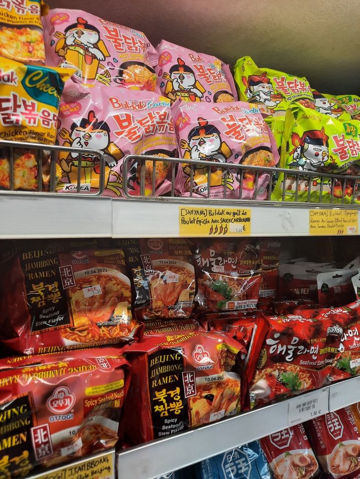 many bags of food are on display in a store