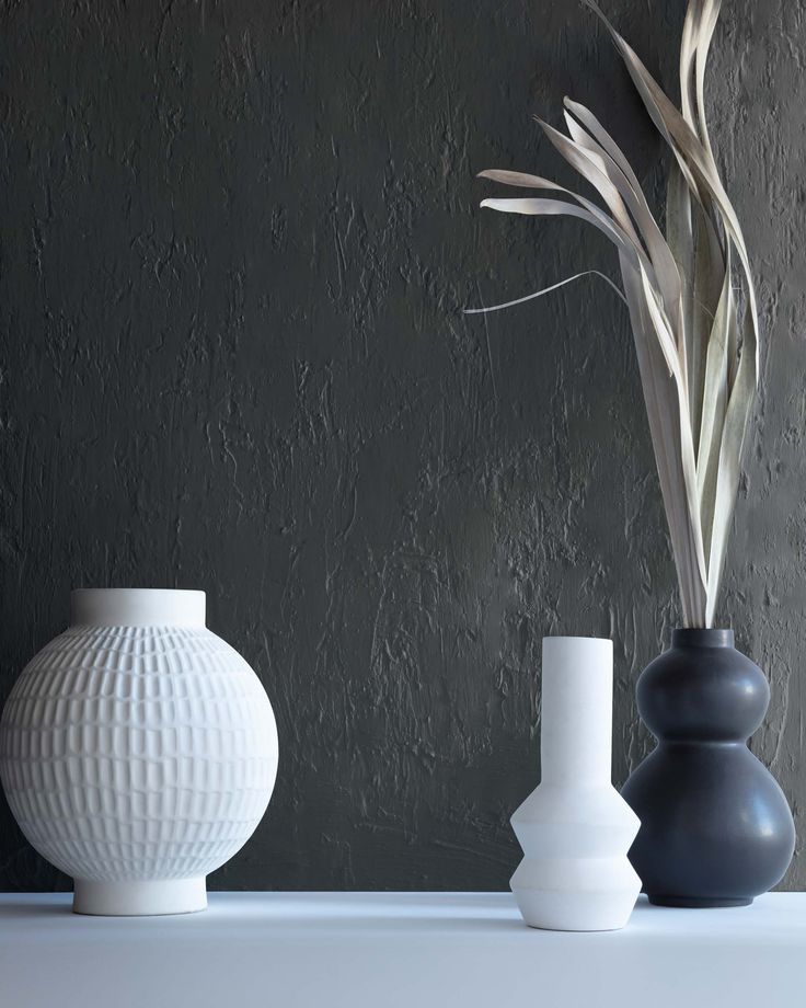 three vases are lined up on a shelf with one plant in the middle, and two smaller ones behind them