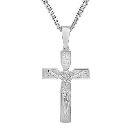 He'll cherish this stainless steel crucifix pendant engraved with The Lord's Prayer. Metal: Stainless steelClosure: Lobster claspDimensions: 24" long curb chain Jewelry photos are enlarged to show detail. Stainless Steel Crucifix Cross Necklace As Gift, Engraved Stainless Steel Cross Necklaces, Engraved Stainless Steel Cross Necklace, White Stainless Steel Cross Pendant Necklace, Engraved Stainless Steel Cross Pendant Necklace, Engraved Stainless Steel Cross Jewelry, White Gold Stainless Steel Crucifix Necklaces, Nickel-free Stainless Steel Crucifix Necklaces, Engraved Silver Stainless Steel Cross Necklace