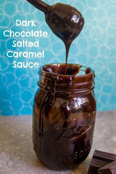 chocolate sauce being poured into a jar filled with caramel sauce