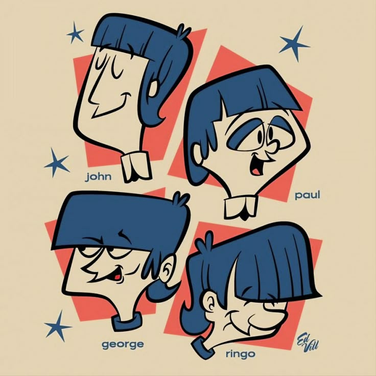 four cartoon faces with different expressions and hair styles, including one man's face