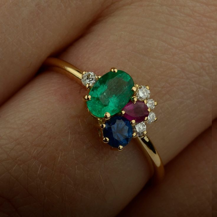 Multi Color Stone Ring, Sapphire And Ruby Ring, Birthstone Ring Mothers, Colored Stone Rings, Multi Gemstone Ring, Rainbow Jewelry, Dream Engagement Rings, Stackable Ring, Natural Blue Sapphire