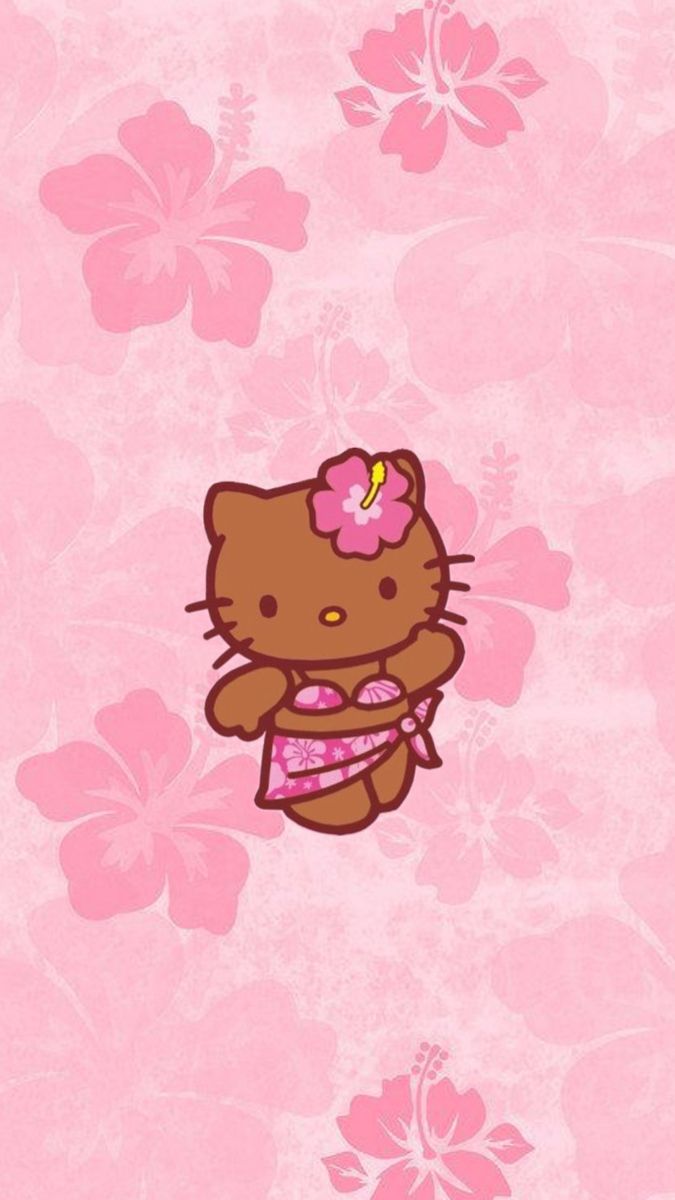 the hello kitty wallpaper is pink and has flowers on it, as well as a flower