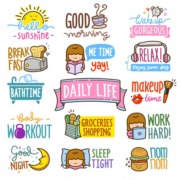 the daily life stickers are in different colors and sizes, including one girl reading