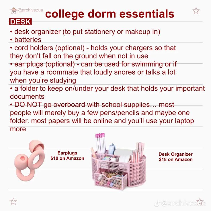 the college dorm essentials list is shown in pink and white, with information about it