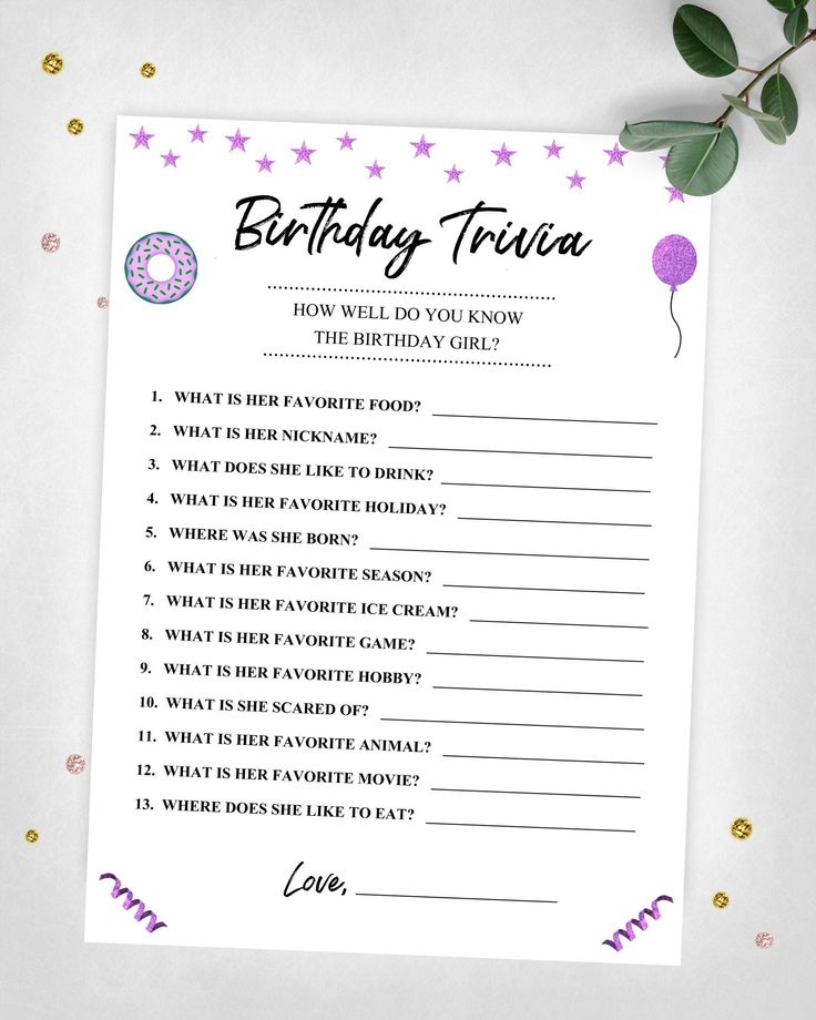 a birthday trivia game with balloons and confetti