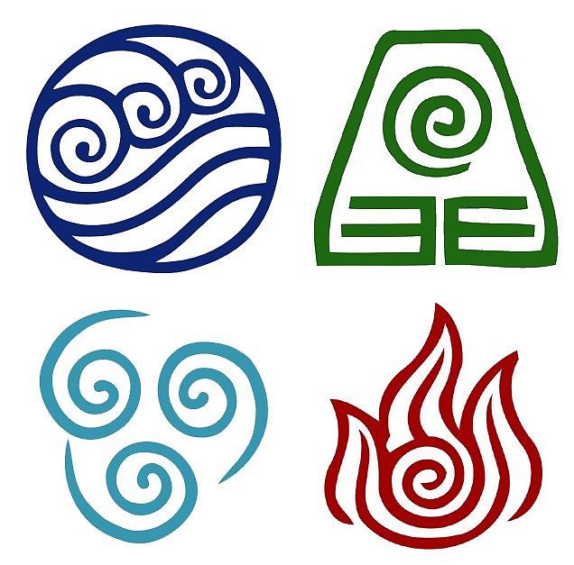 four different symbols that appear to be in the form of fire and water