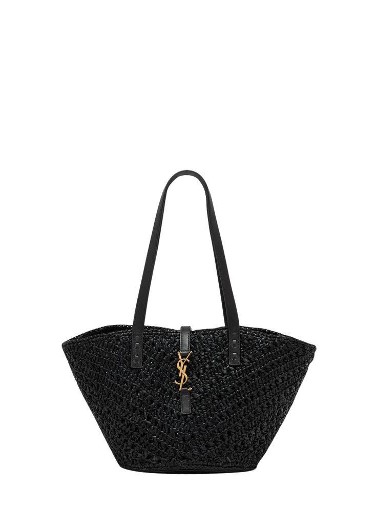 "Find SAINT LAURENT Panier Small Ysl Tote Bag In Raffia on Editorialist. Saint Laurent \"Panier\" tote bag in raffia Flat shoulder straps Golden hardware Open top with center YSL strap Structured bottom of bag Approx. 10.2\"H x 8.7\"W x 8.7\"D Imported" Designer Travel Straw Shoulder Bag, Designer Black Straw Bag With Woven Leather, Designer Black Straw Bag With Top Handle, Designer Black Rectangular Straw Bag, Designer Black Straw Bag For Daily Use, Luxury Black Straw Shoulder Bag, Designer Black Bags For Vacation, Chic Black Straw Bag, Luxury Straw Bag For Travel