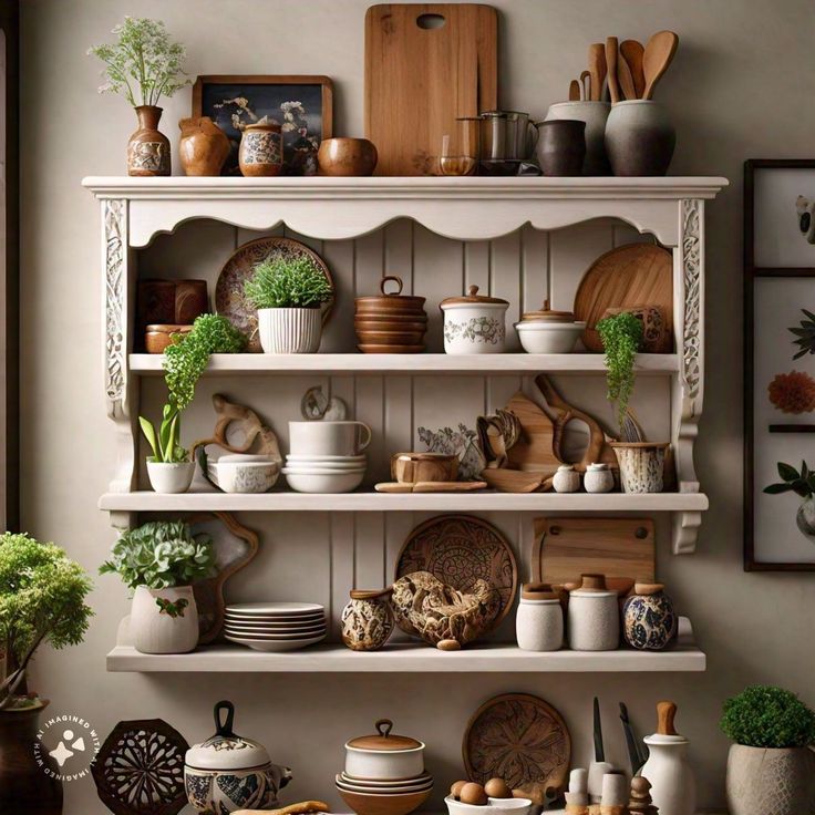 the shelves in this kitchen are filled with pots, pans and other things to cook