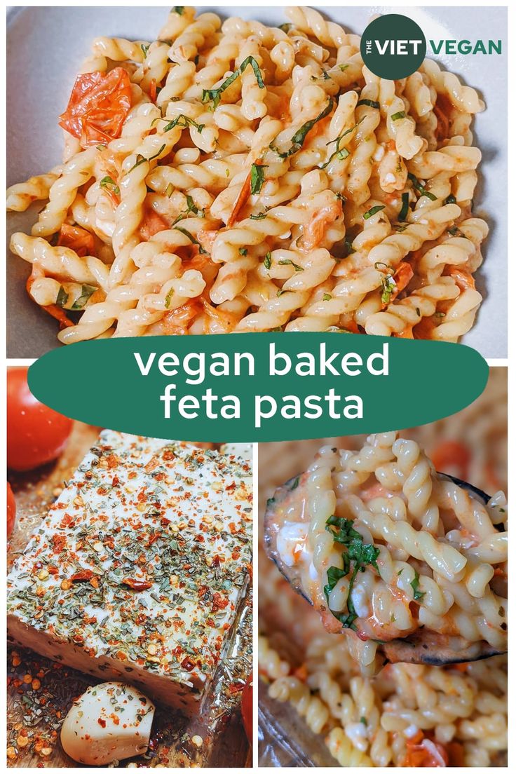 vegan baked feta pasta collage with text overlay