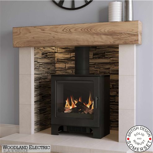 a wood burning stove in a room with a clock on the wall and fireplace mantle