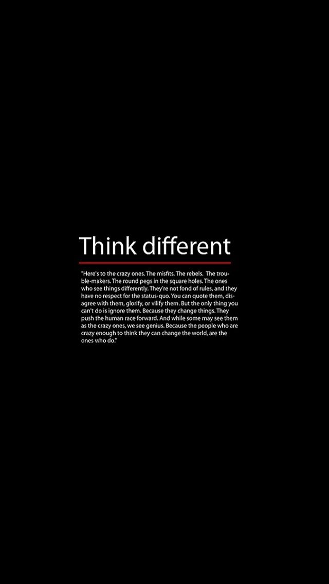 the words think different are written in black and white on a dark background with red lines