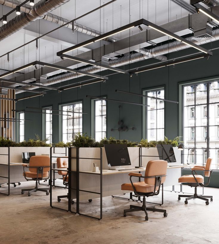 an open office with desks, chairs and plants in the middle of the room