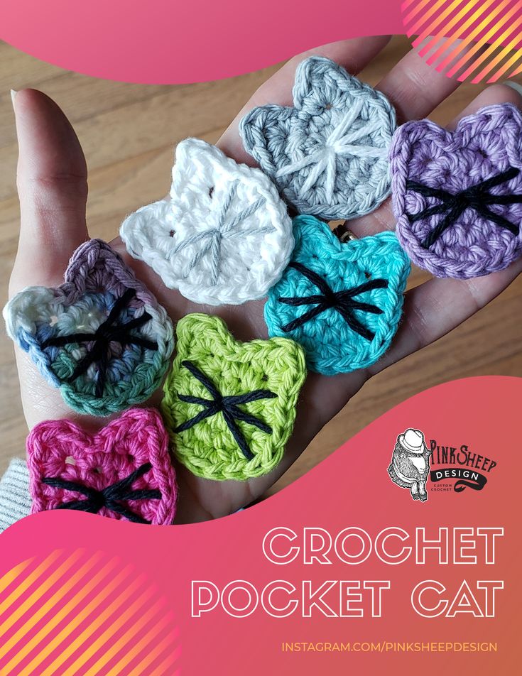 crochet pocket cat is in the palm of someone's hand with four different colors