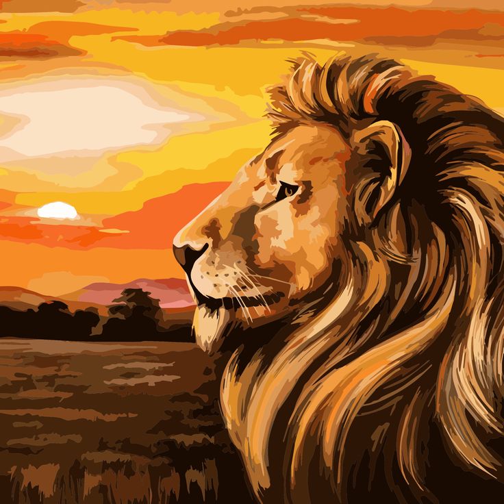 a painting of a lion in front of a sunset