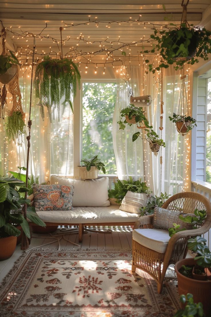 a porch covered in lots of plants and lights