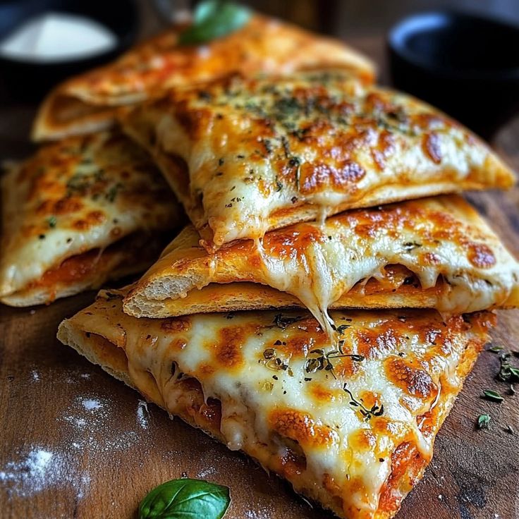 four slices of pizza stacked on top of each other with cheese and herbs in the middle