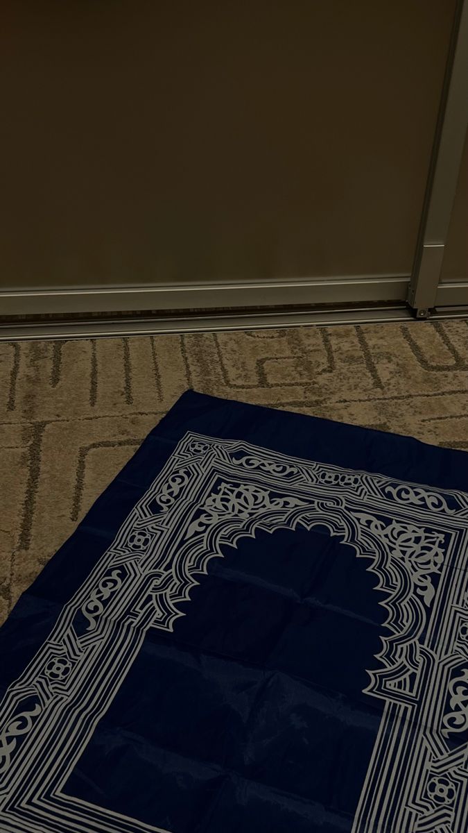 a blue rug on the floor in front of a door