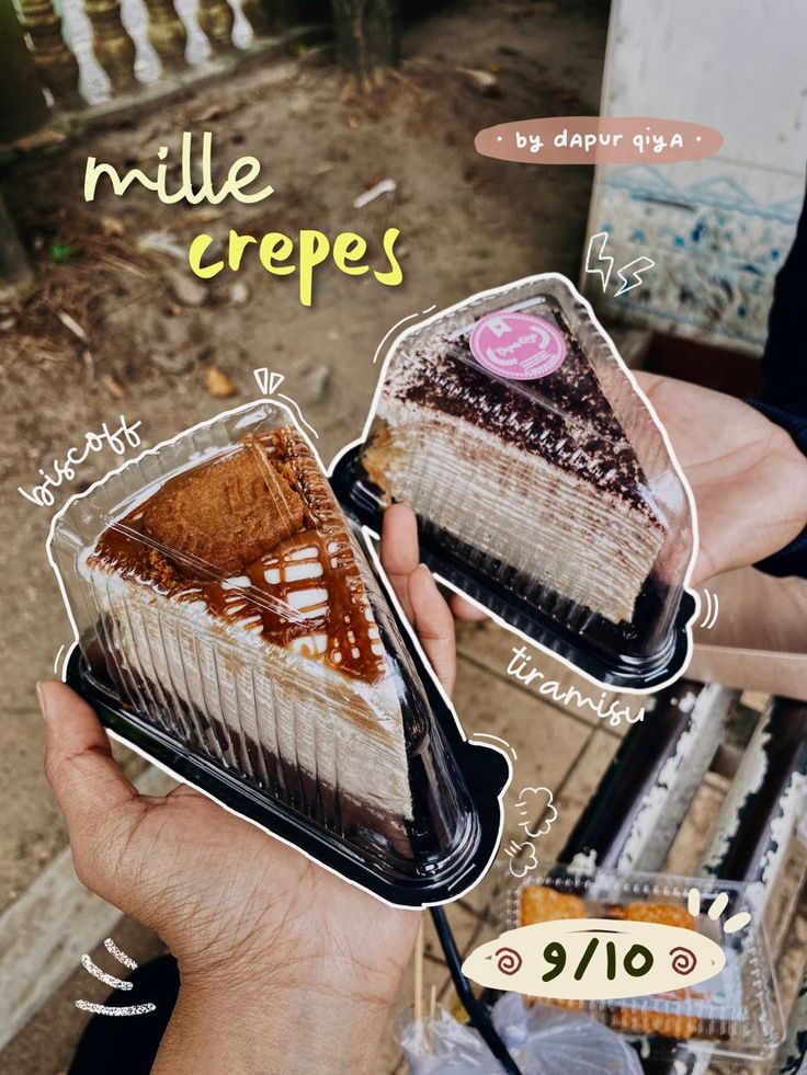 a person holding a piece of cake in their hand with the words mille crepes on it