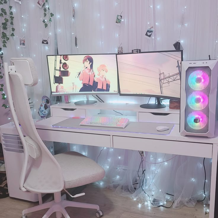 a computer desk with two monitors and a chair in front of it on a wooden floor