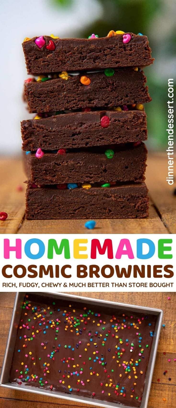 homemade brownies with chocolate frosting and sprinkles are stacked on top of each other