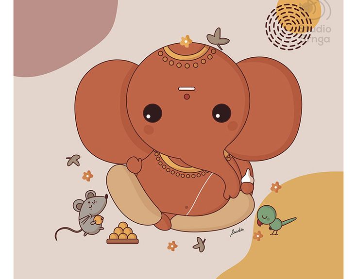 an elephant sitting on top of a pillow next to a small bird and a mouse