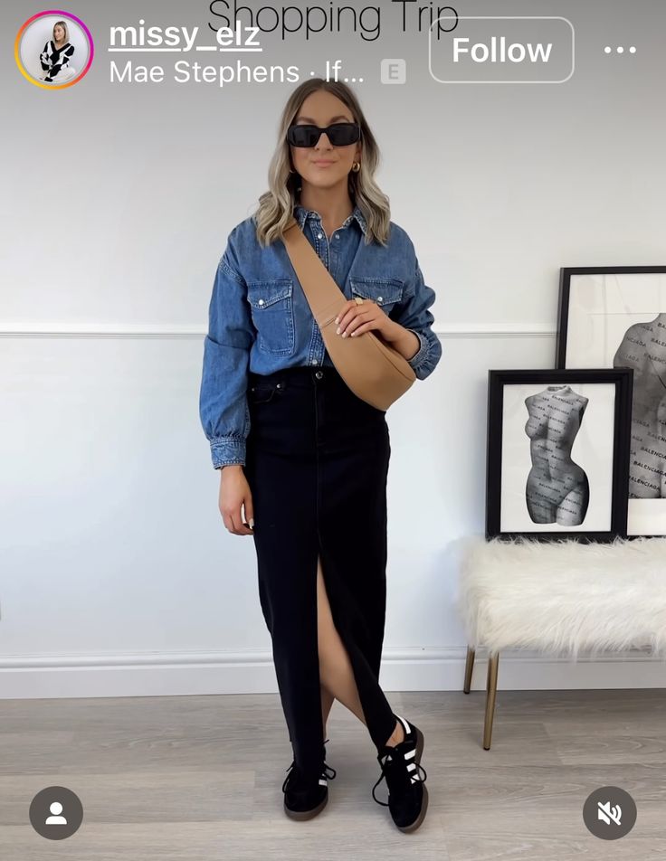 Black Denim Maxi Skirt Outfit, Samba Fits, Maxi Denim Skirt Outfit, Denim Maxi Skirt Outfit, Black Sambas, Black Denim Skirt Outfit, Black Denim Midi Skirt, Denim Shirt Outfit, Jean Midi Skirt