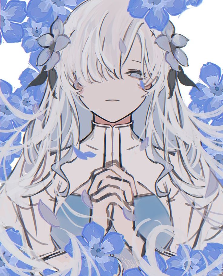 an anime character with long white hair and blue flowers in her hair, holding hands together