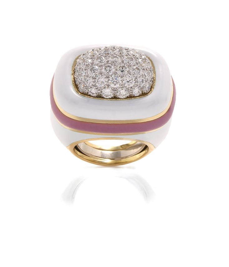 Brilliant-cut diamonds, white enamel with pink enamel accent, 18K gold, and platinum. White Enamel Jewelry, Luxury Enamel Diamond Ring With Single Cut Diamonds, Fine Jewelry Diamond Enamel Ring With Brilliant Cut, Fine Jewelry Enamel Ring With Brilliant Cut Diamond, Yellow Gold Enamel Ring With Single Cut Diamonds, Luxury Diamond Enamel Ring With Polished Finish, Luxury Diamond Enamel Ring, Luxury Pink Diamond Ring With Single Cut Diamonds, Pink Formal Enamel Ring