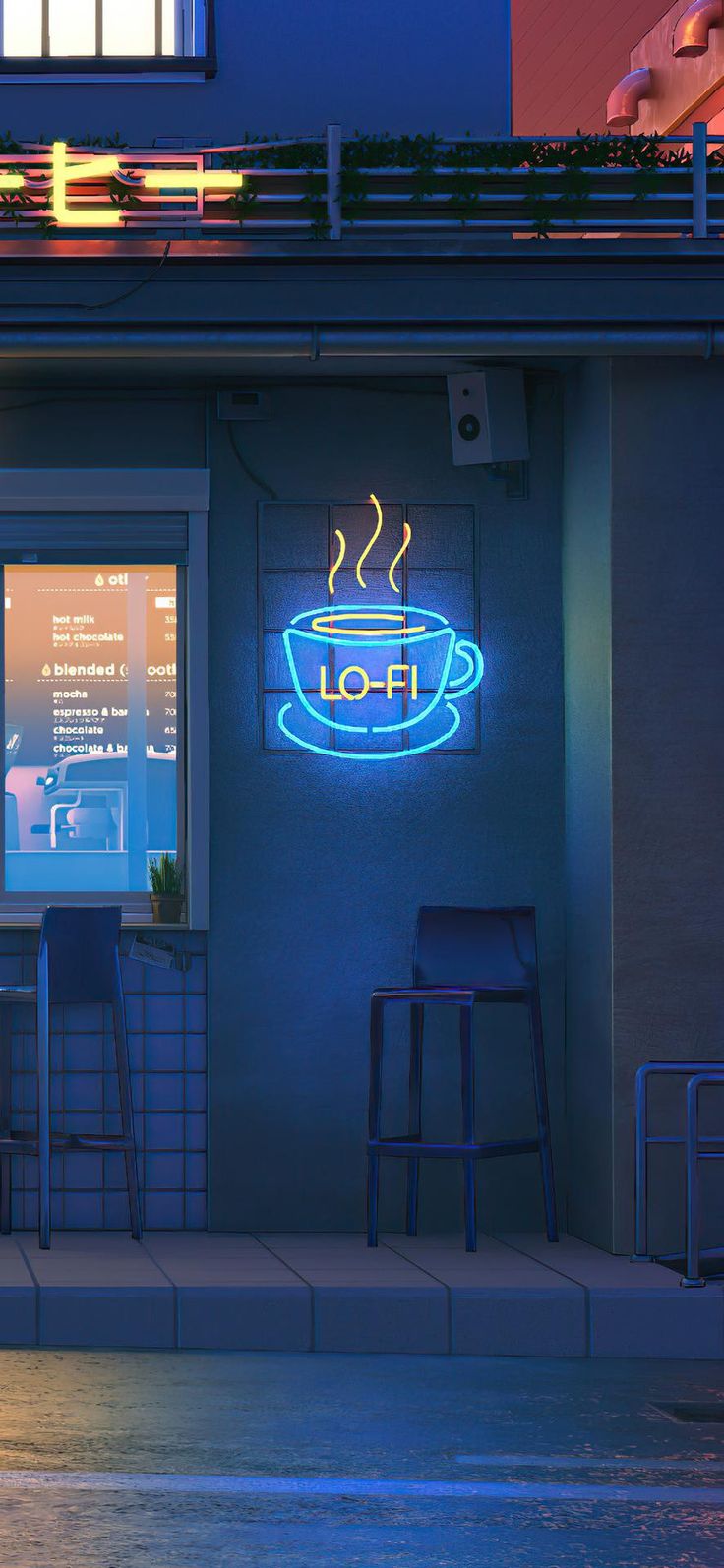 a coffee shop with neon lights on the side of it's building and chairs outside