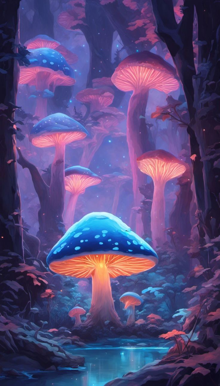 a painting of mushrooms in the forest