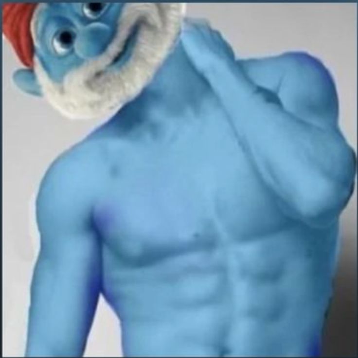 the smurf man is wearing a red hat and blue bodysuit with white beard