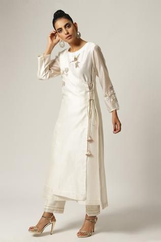 Shop for Anantaa by Roohi White Silk Chanderi Angrakha for Women Online at Aza Fashions Layered Kurta, Silk Kurti Designs, Angrakha Style, Silk Kurti, Simple Kurta Designs, Pant For Women, Kurti Designs Latest, Kurta Designs Women, Dress Indian Style