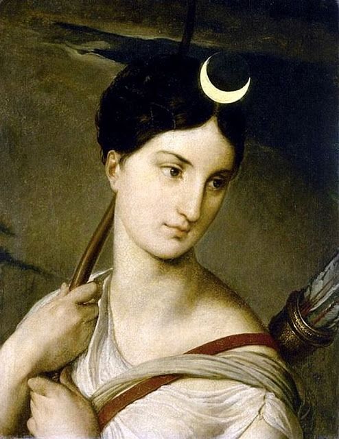 a painting of a woman with a crescent moon on her head holding a paintbrush