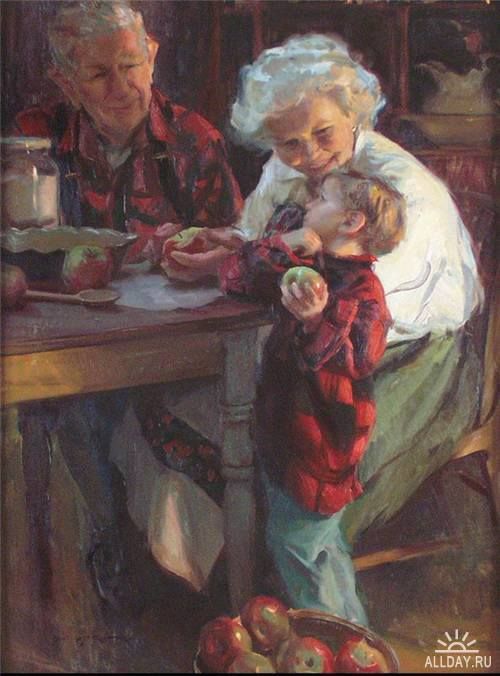 a painting of an older woman and child eating apples at a table with other people