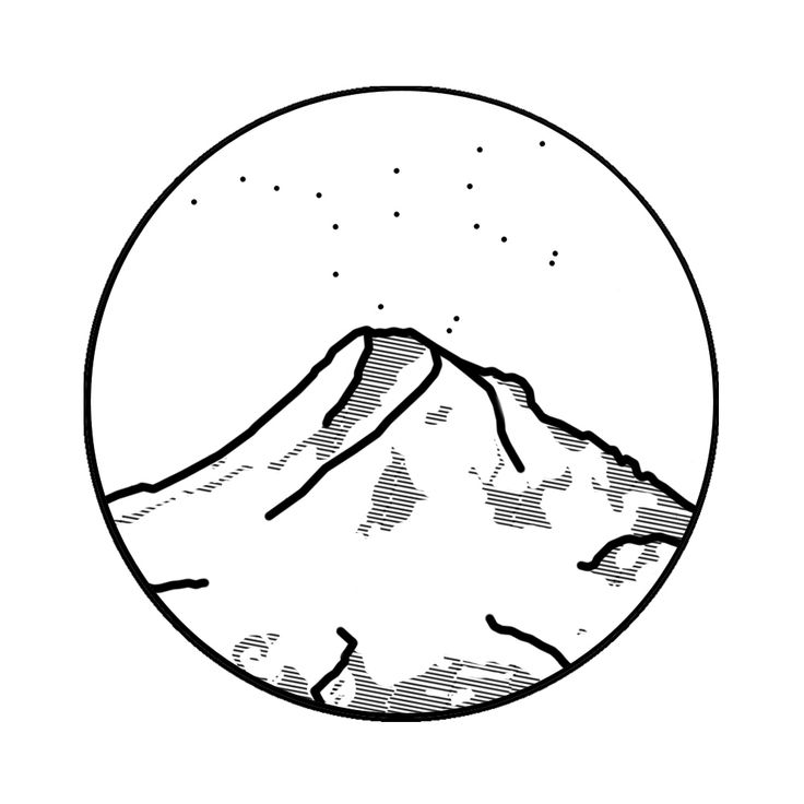 a black and white drawing of a mountain in a circle with stars on it's side