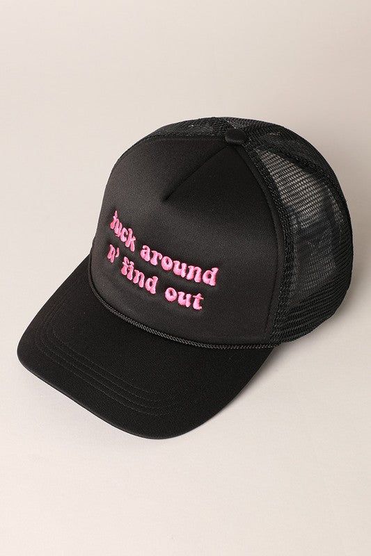 The F Around n' Find Out Cap features bold letter typography and intricate embroidery, making a sassy statement wherever you go. The mesh back and adjustable snap closure provide comfort and style, while the trucker hat design adds a touch of style to your outfit. Stay on trend with this fashionable and versatile cap. Streetwear Hats With Mesh Back And Curved Visor, Black Letter Print Snapback Trucker Hat, Black Trucker Hat With Letter Print, Black Snapback Trucker Hat With Letter Print, Trendy Black Trucker Hat With Embroidered Logo, Adjustable Black Trucker Hat With Letter Print, Mesh Hats With Curved Visor For Streetwear, Mesh Baseball Cap For Streetwear, One Size Fits Most, Spring Mesh Snapback Hat With Curved Bill