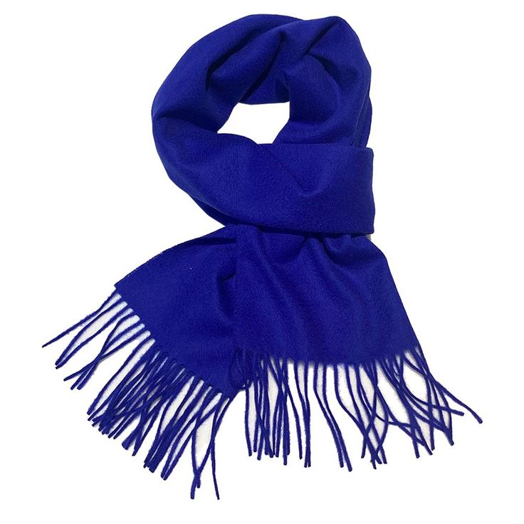 Soft and snuggly, this royal blue scarf is 100% wool. Wear it with your coat to keep warm or add it to an outfit for some extra style. Regardless of your sartorial choice, this 12" x 65" fringed scarf will be a welcome addition to your wardrobe. Imported. Classic Wool Shawl For Winter, Classic Solid Color Winter Shawl, Formal Wool Scarves For Winter, Classic Blue Scarf For Fall, Elegant Blue Shawl For Fall, Elegant Blue Scarves For Fall, Casual Blue Scarves For Fall, Elegant Blue Fall Shawl, Blue Scarves For Fall