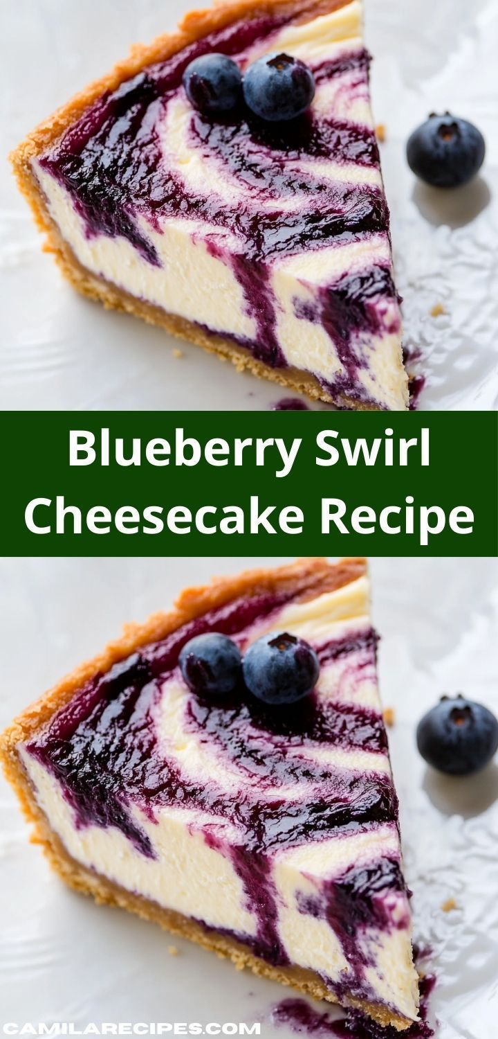 two slices of blueberry swirl cheesecake on a plate