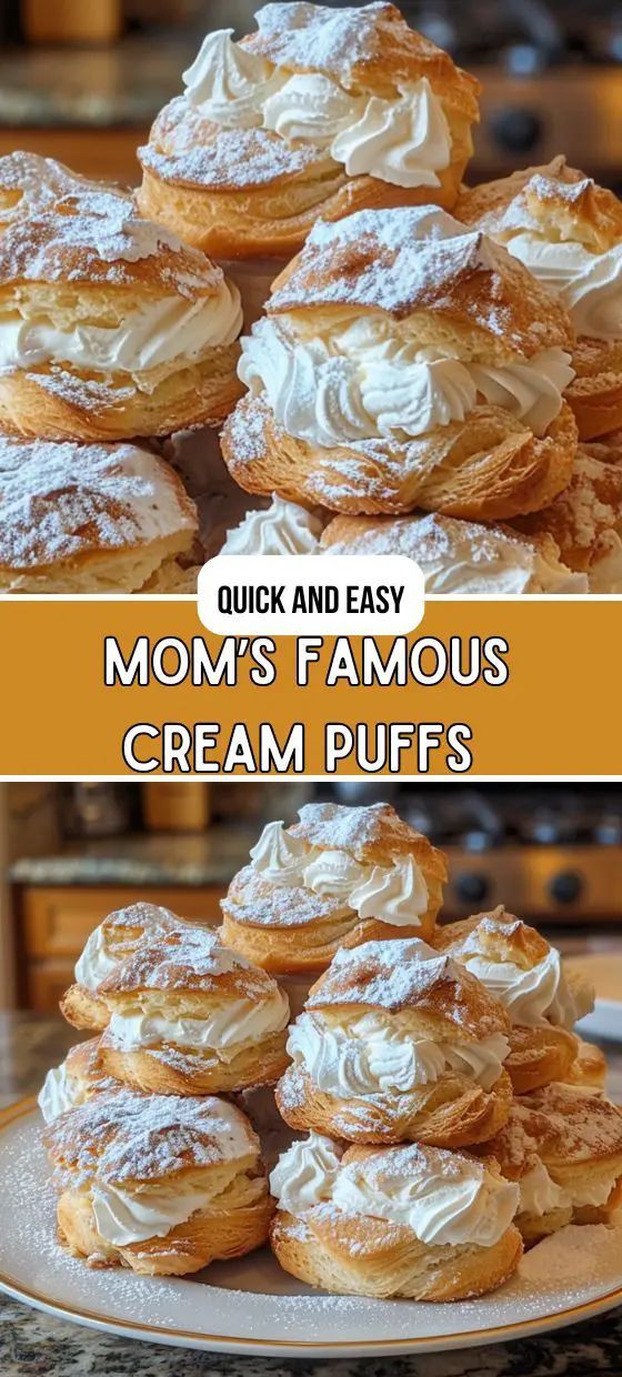 some cream puffs are stacked on top of each other with the words, quick and easy mom's famous cream puffs