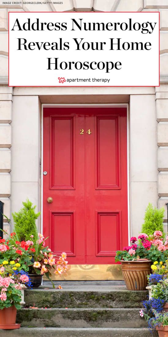 a red door with potted plants and flowers in front of it that says address numereology reveals your home horoscope