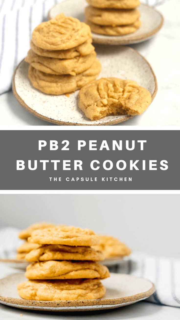 peanut butter cookies stacked on top of each other with the words pb2 peanut butter cookies